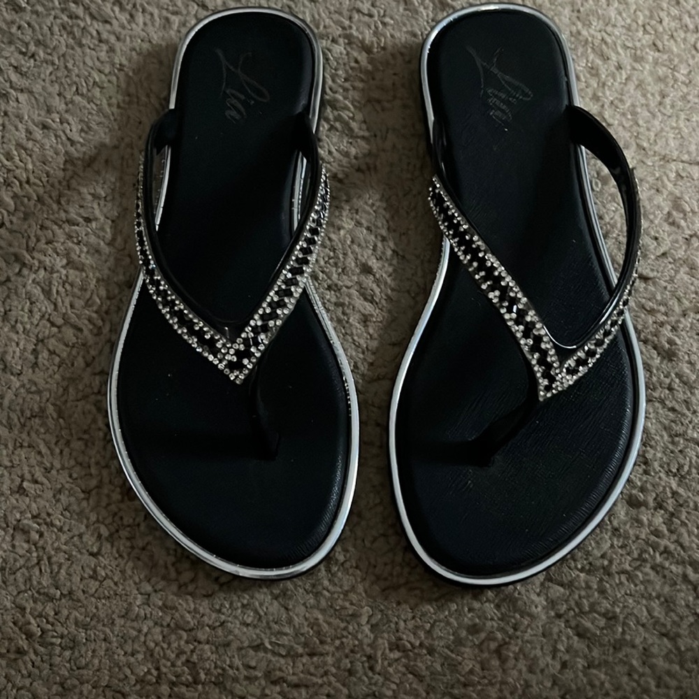 Black embellished flip flops - size 7
